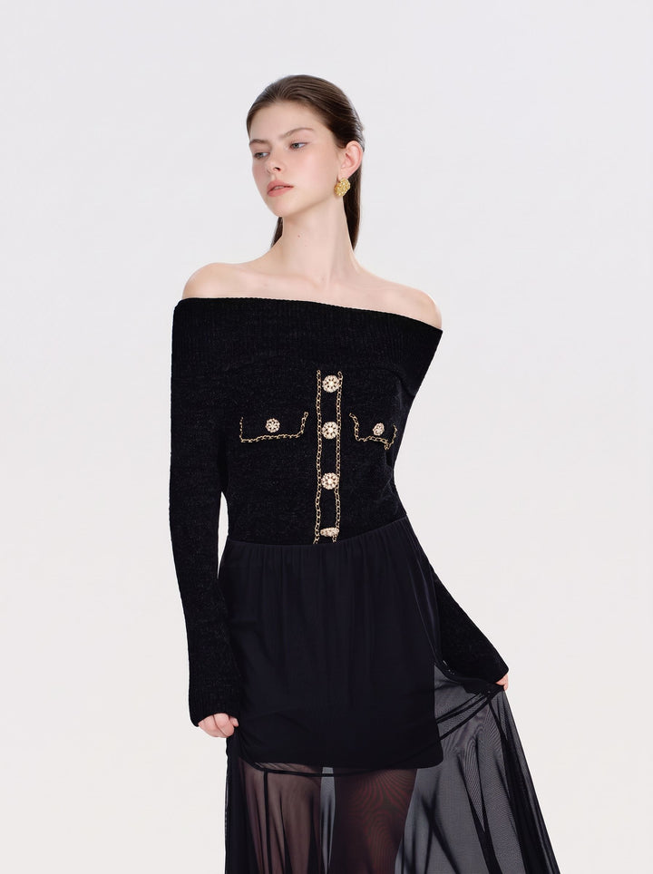 Off Shoulder Embellished Knit Sweater