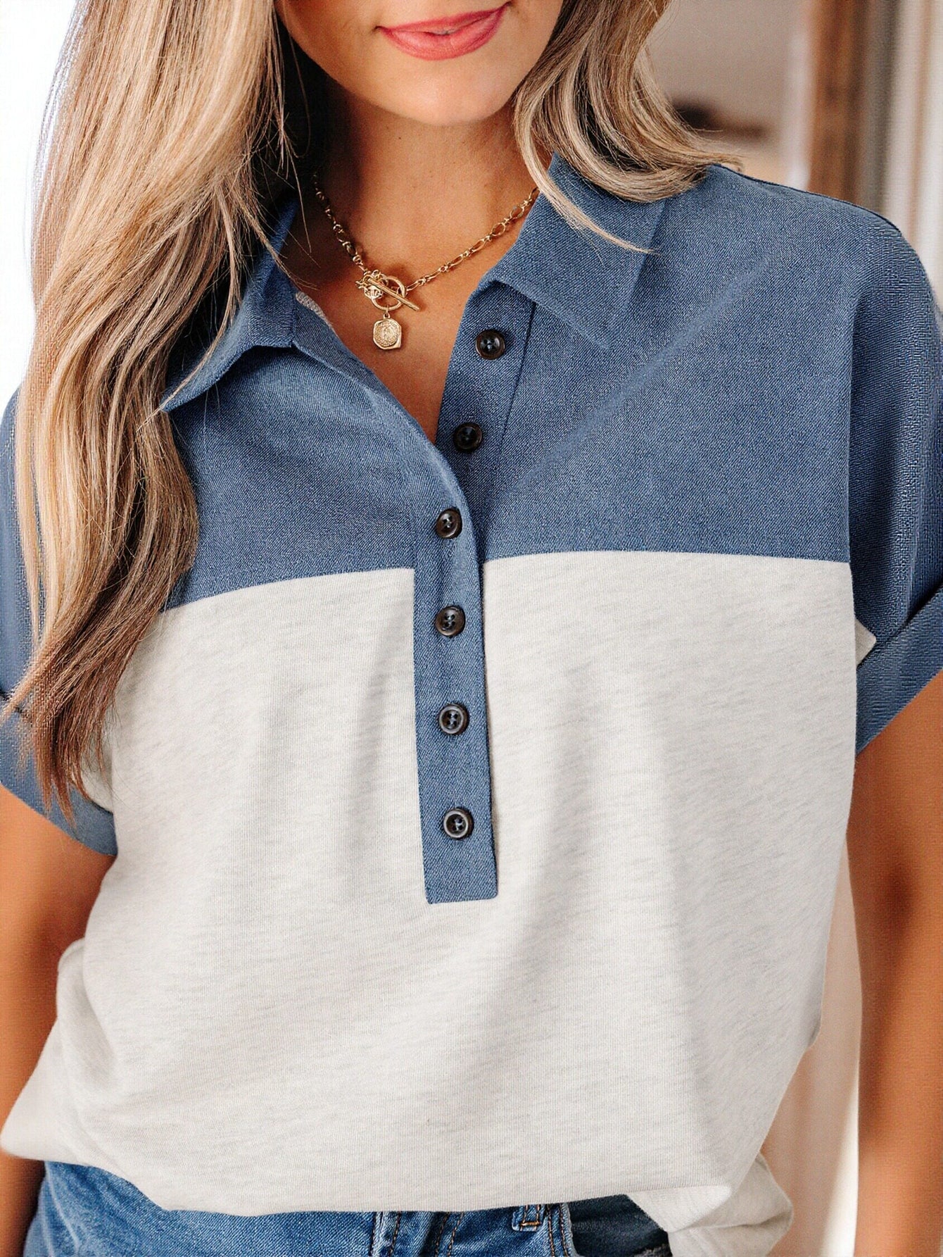 Denim Collar Jersey Knit Blouse