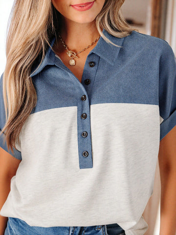Denim Collar Jersey Knit Blouse