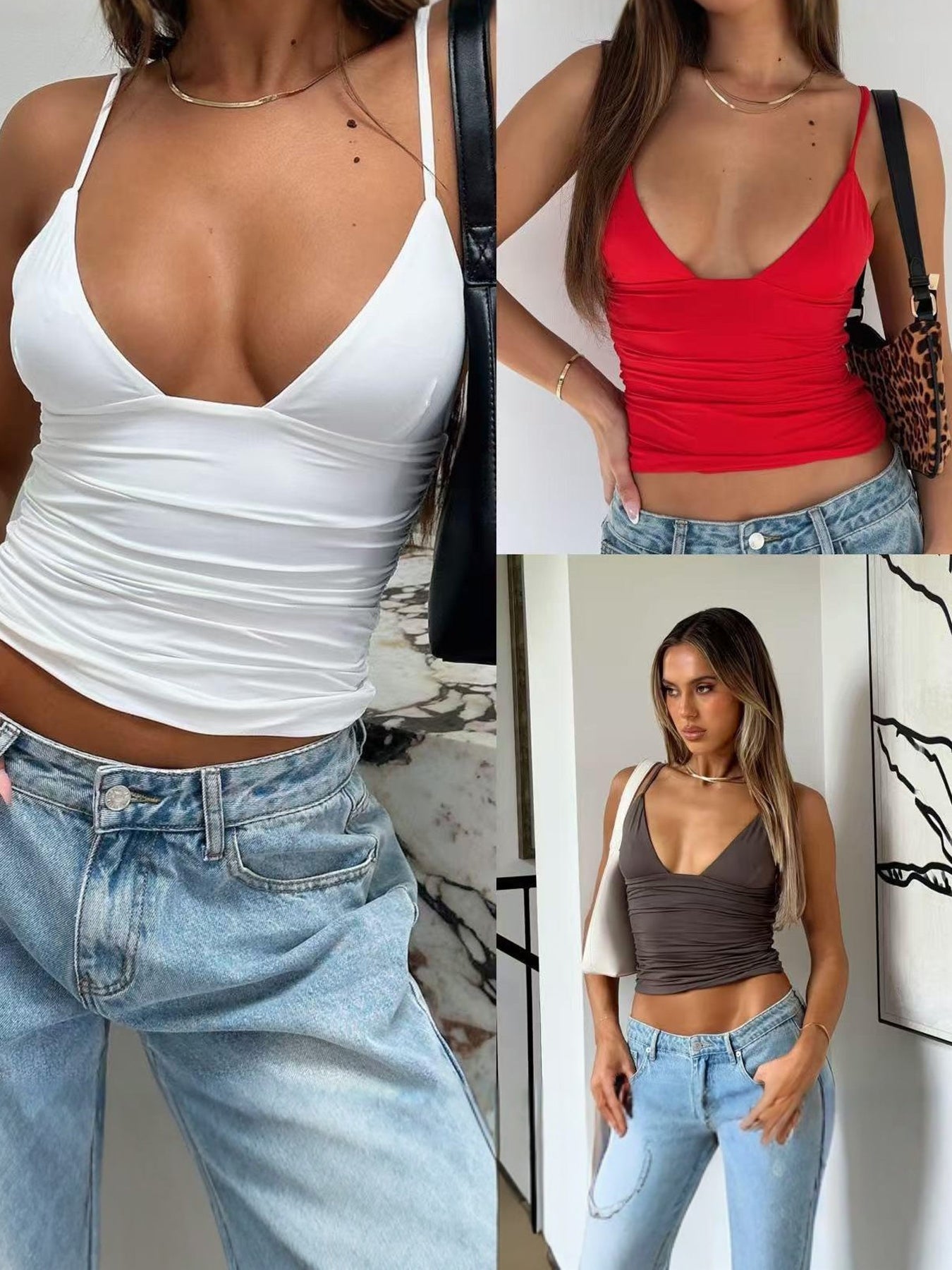 Deep V-Neck Ruched Front Spaghetti-Strap Sexy Camisole-Multicolor