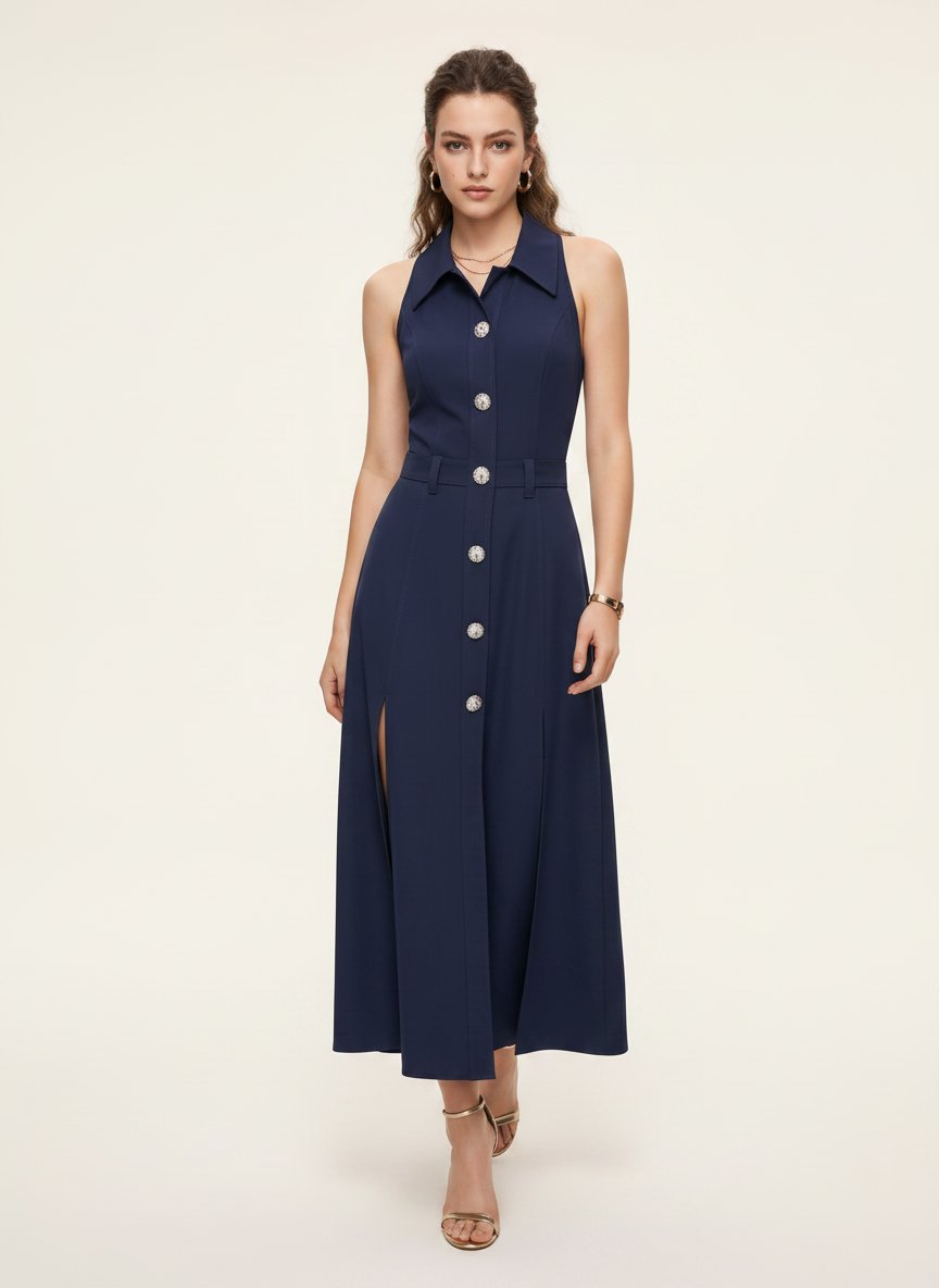 Button Down Slit Midi Dress