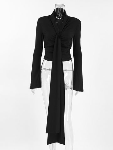 Plunging Neck Tie Front Long Sleeve Top