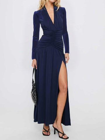 Long-Sleeve Shirred-Bodice Deep-V Elegance Maxi Dress-Multicolor