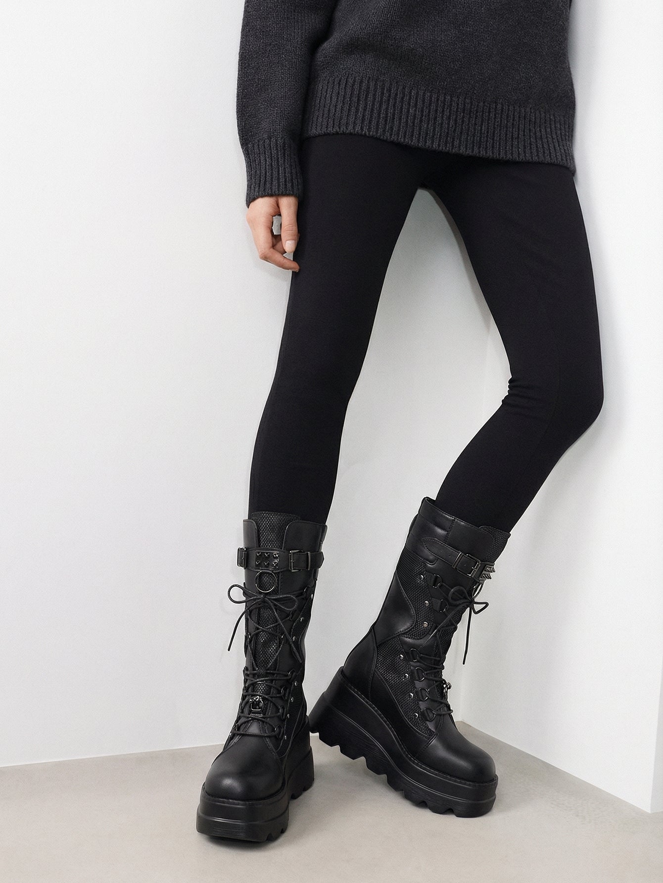 Lace-Up Platform Stud-Detailed Edgy Combat Boots-Black