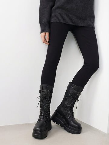 Lace-Up Platform Stud-Detailed Edgy Combat Boots-Black
