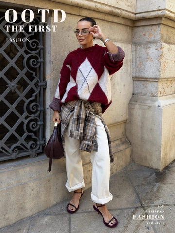 Oversized Argyle Fuzzy Knit Pullover Sweater