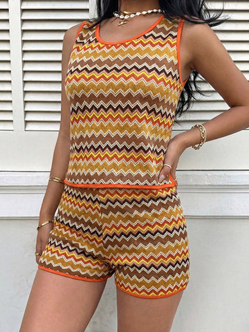 Zigzag Print Sleeveless Resort Shorts Set