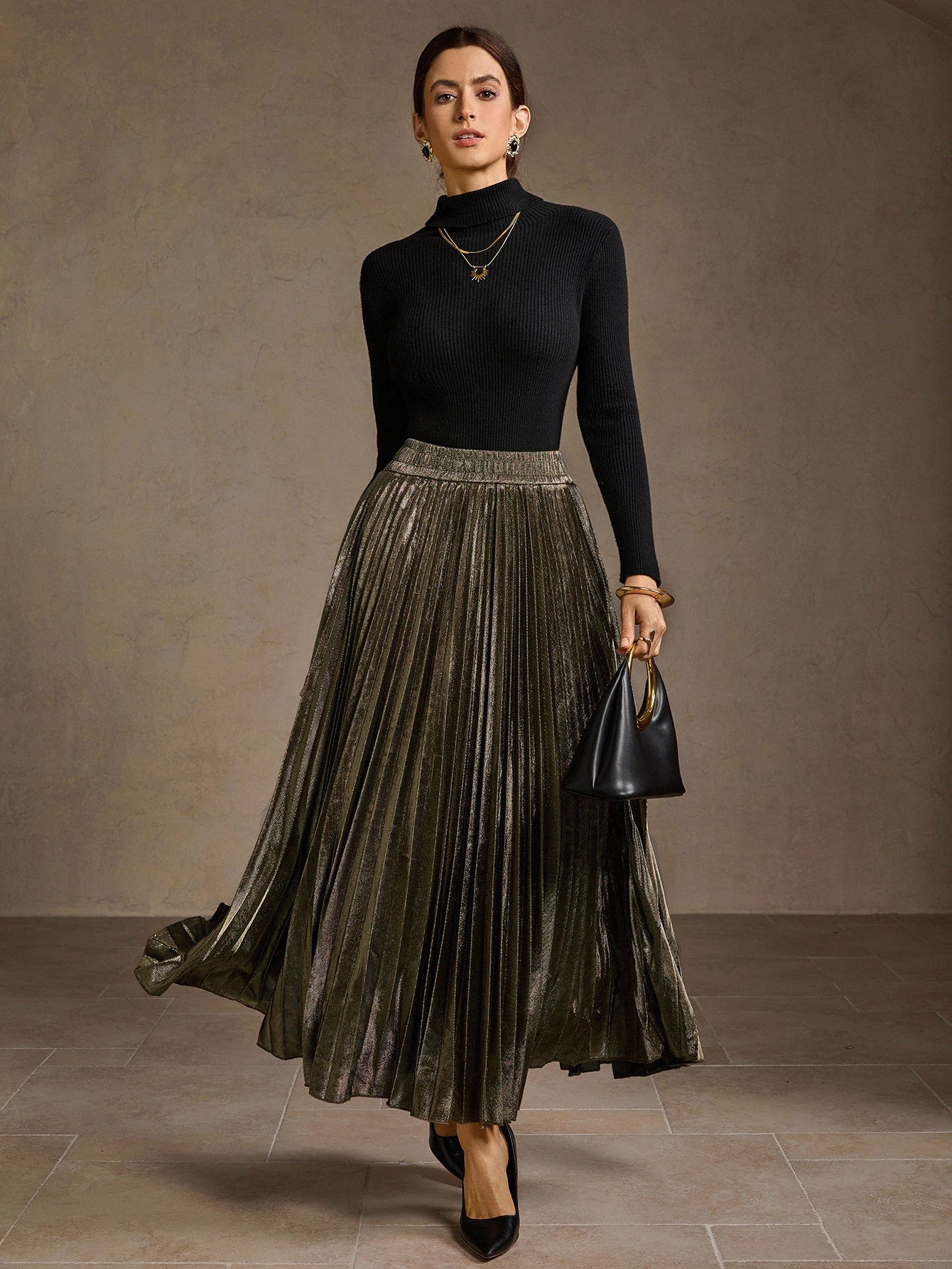 Metallic Pleated High Waisted Midi Skirt