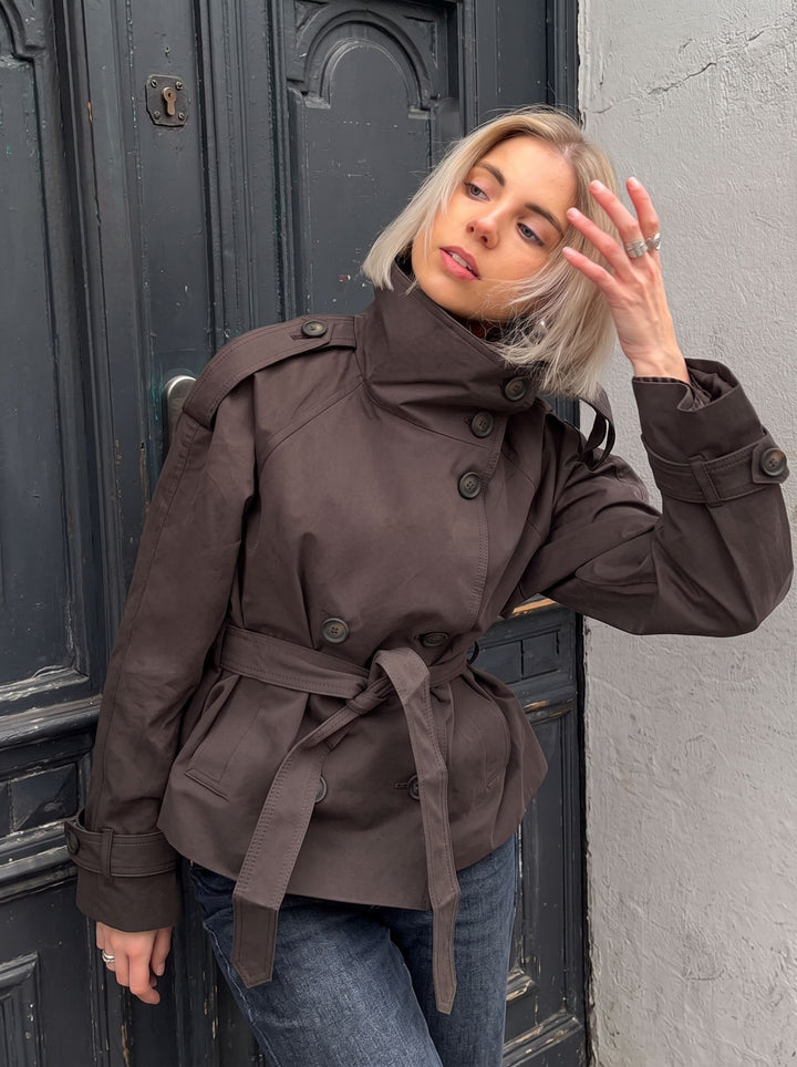 Cropped Belted Stand Collar Trench Coat