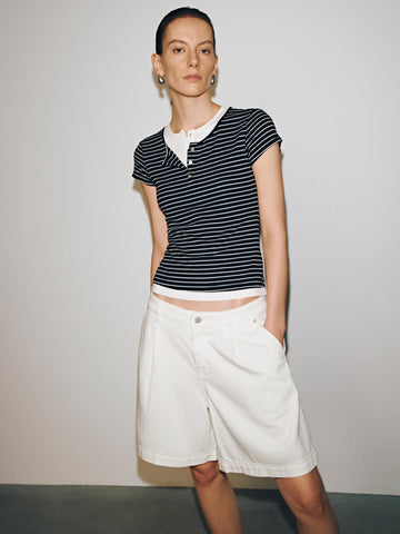 Henley Neck Contrast Striped Skinny-Fit T-Shirts