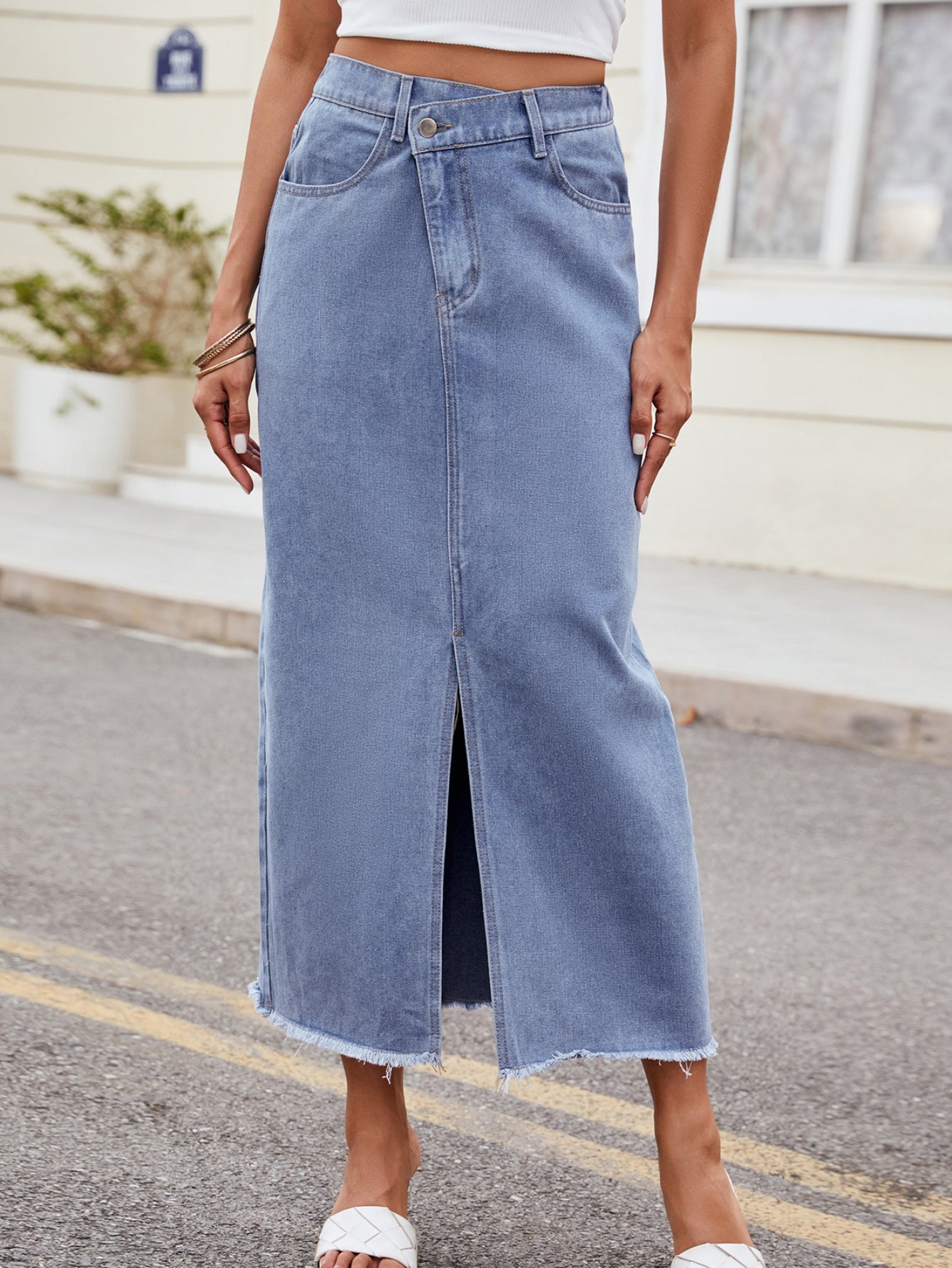 High Waisted Raw Hem Denim Skirt