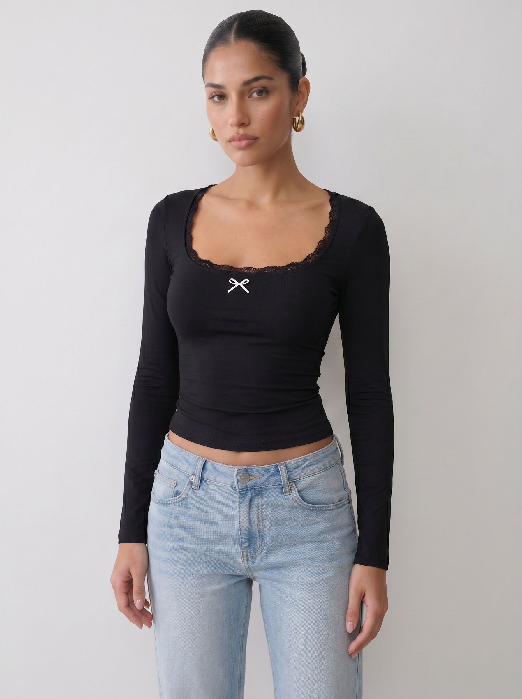 Lace Trim Bow Detail Long Sleeve T-shirt