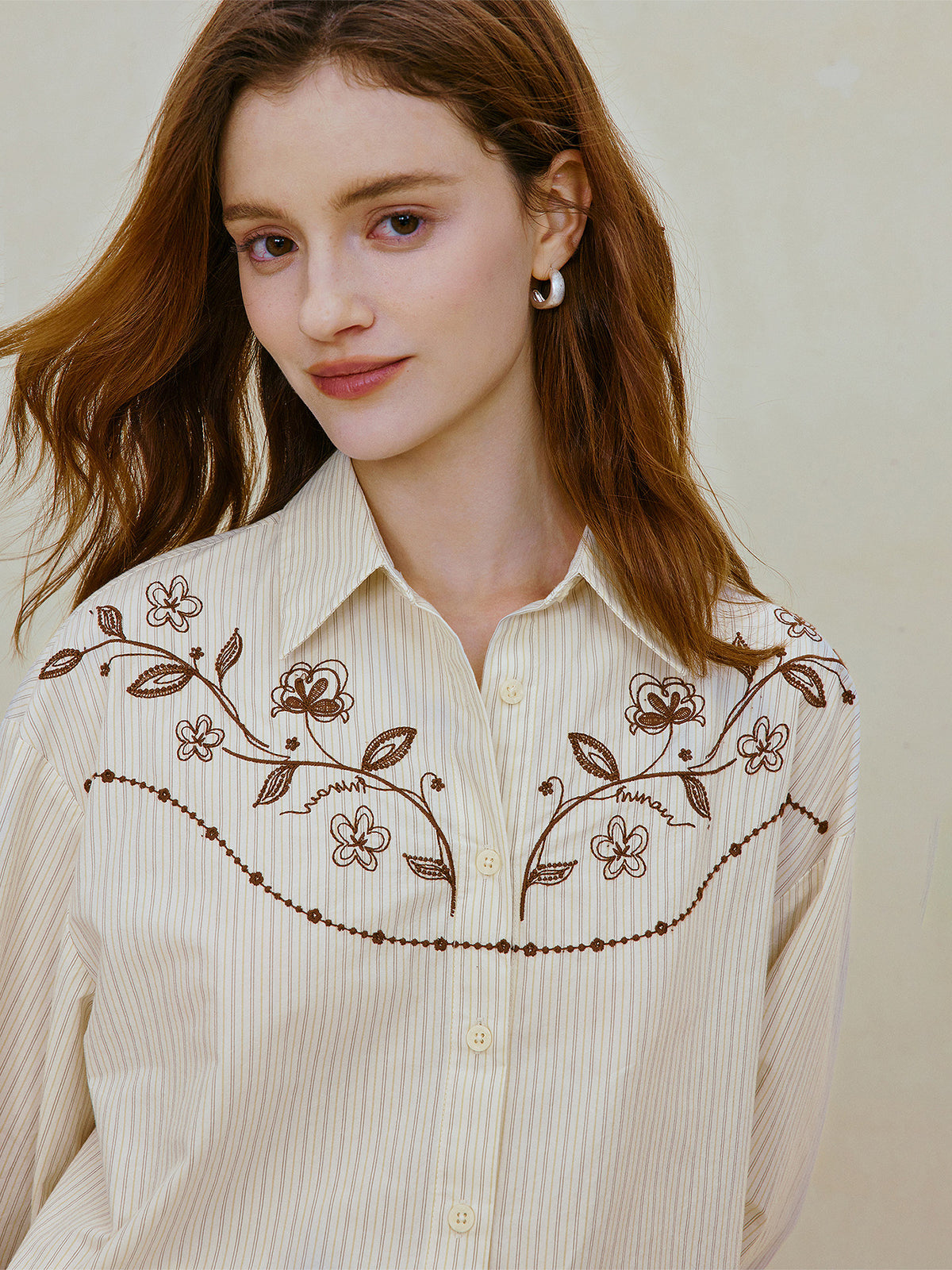 Embroidered Striped Cotton Button Down Shirt
