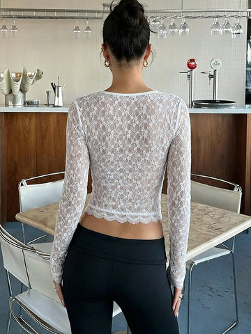 Square Neck Lace Sleeve Tee