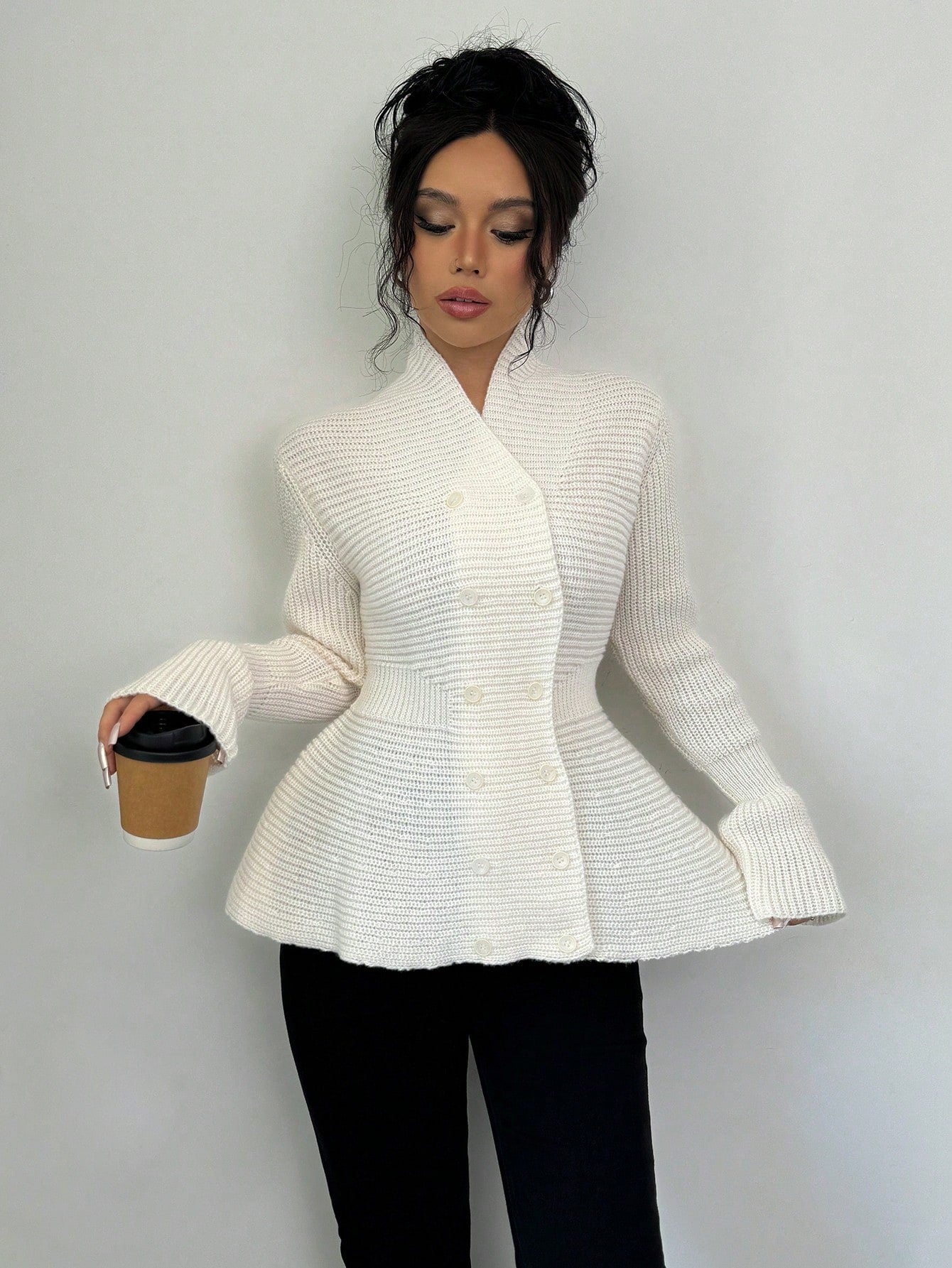 Elegant Peplum Double Breasted Cardigan