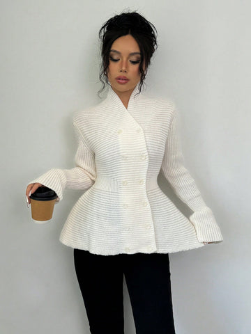 Elegant Peplum Double Breasted Cardigan