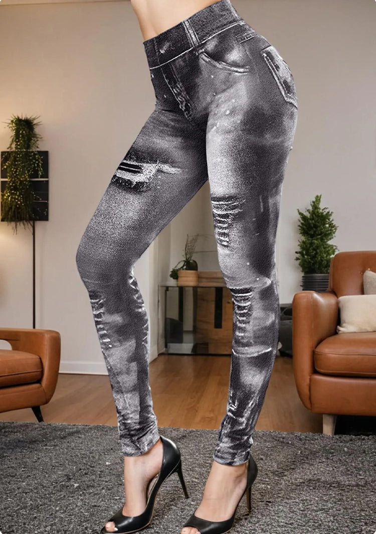 Distressed Denim-Print High-Waisted Stretchy Yoga Leggings-Black