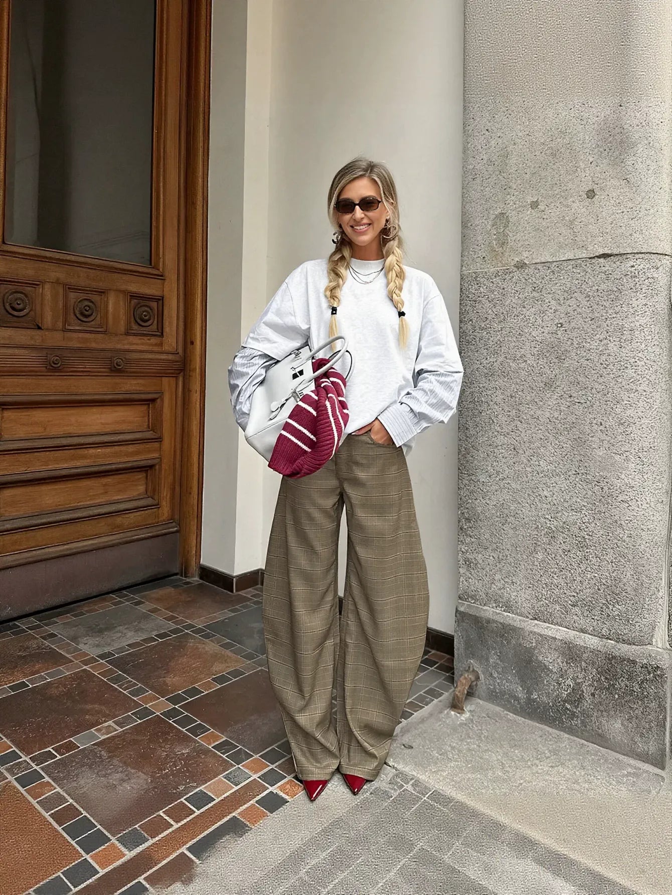 High Waisted Plaid Wide Leg Trousers