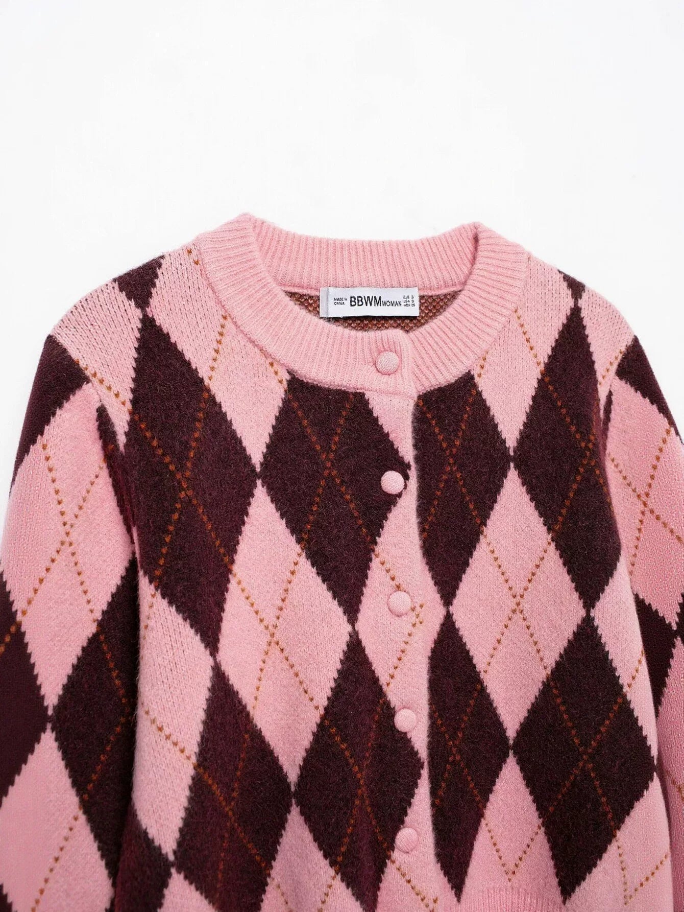 Cropped Argyle Pattern Knit Cardigan