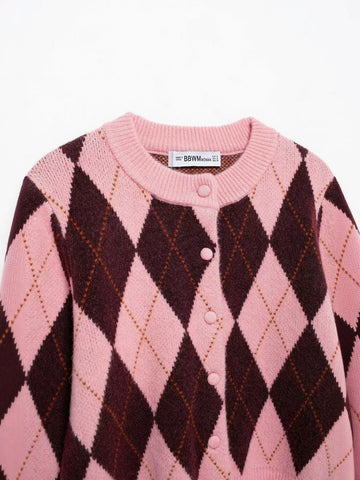 Cropped Argyle Pattern Knit Cardigan
