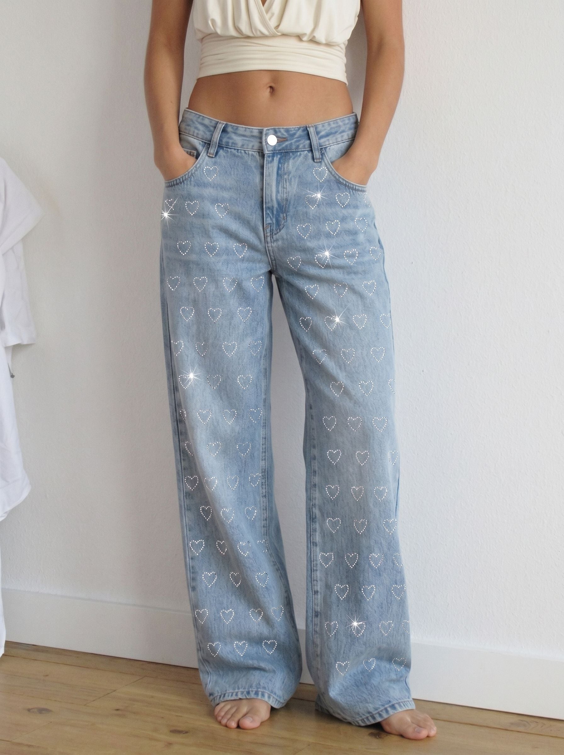 Rhinestone Heart Print Wide Leg Jeans