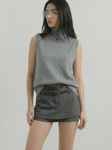SAÏA Double-Belted Tailored Preppy Shorts-Gray