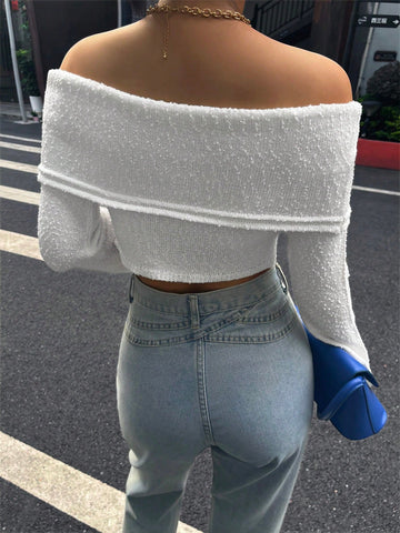 Off Shoulder Cropped Knit Sweater
