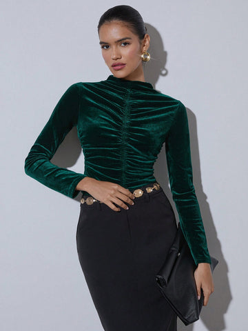 Ruched Velvet Mock Neck Long Sleeve Top