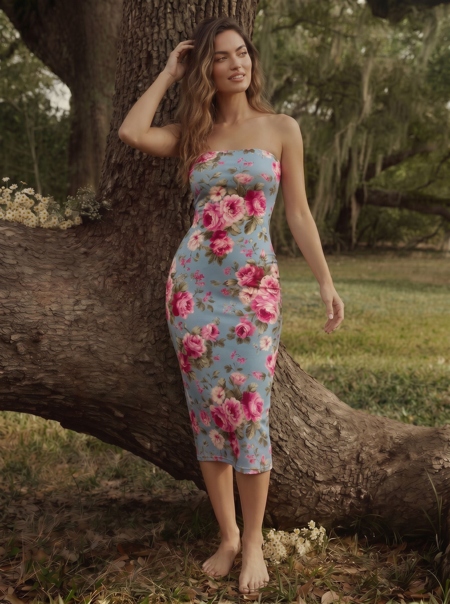 MAIA Vintage Rose Print Strapless Sheath Midi Dress