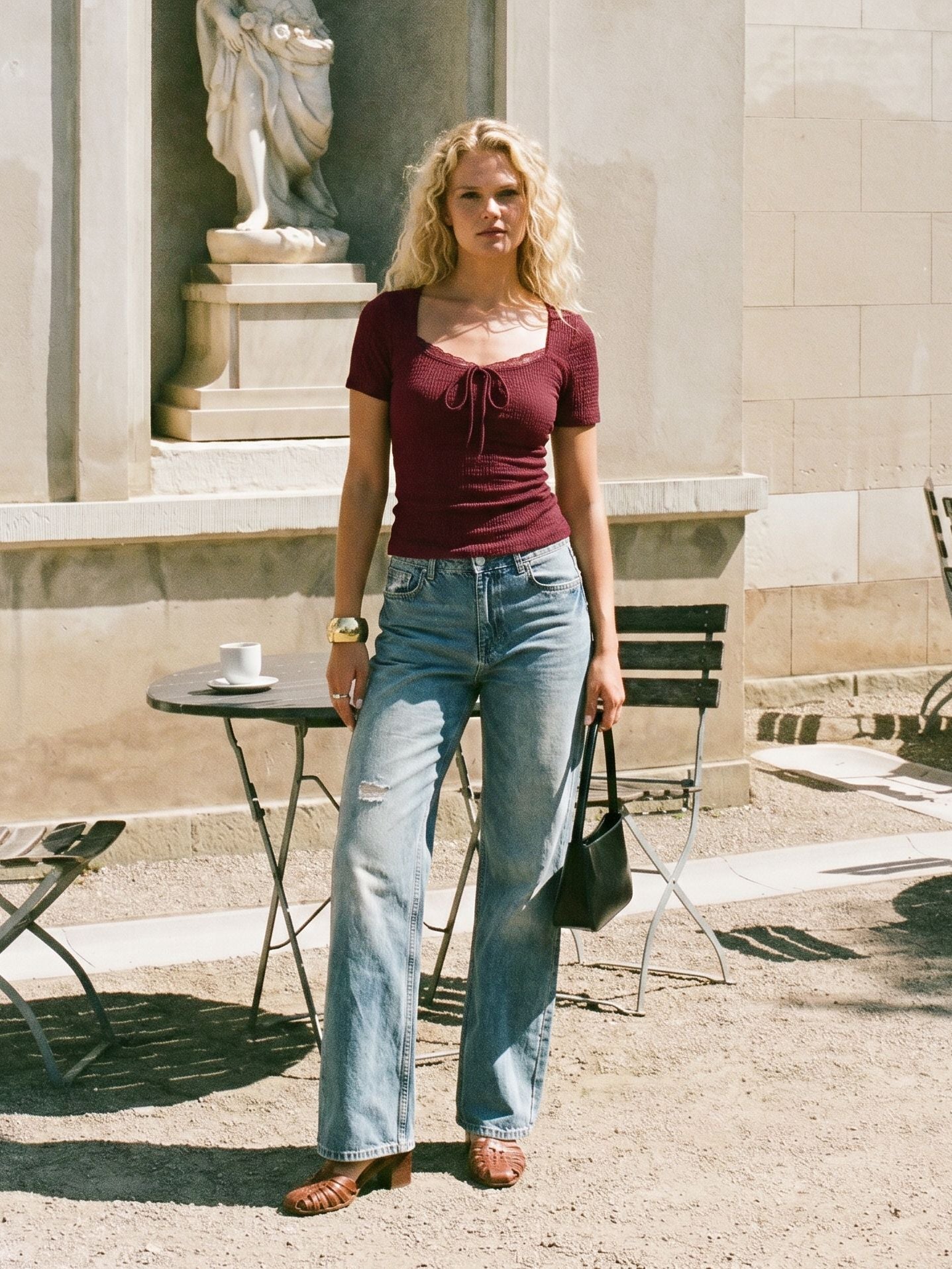 Smocked Lace Trim Tie Front T-Shirt