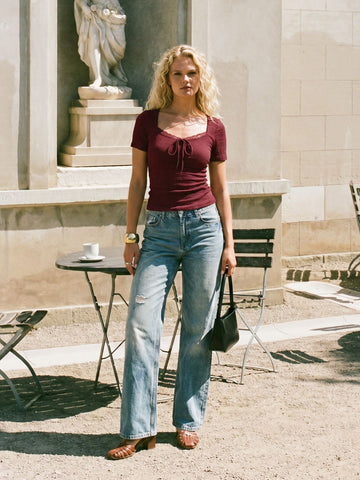 Smocked Lace Trim Tie Front T-Shirt