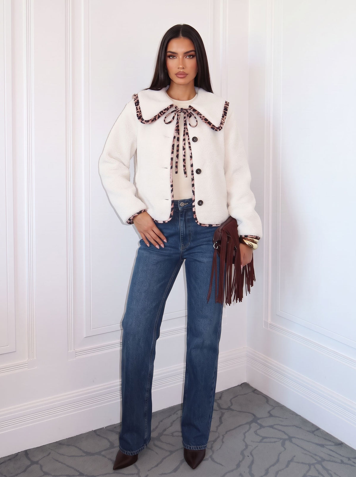 Leopard Trim Cozy Sherpa Jacket