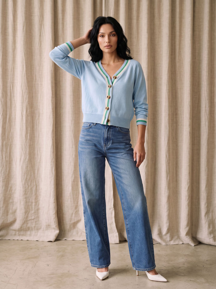 Cropped Varsity Trim Knit Cardigan