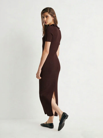 Collared Button-Front Office Lady Midi Dress