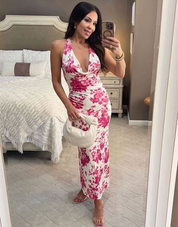LILA Magenta Peony Print Cowl Neck Bodycon Maxi Dress