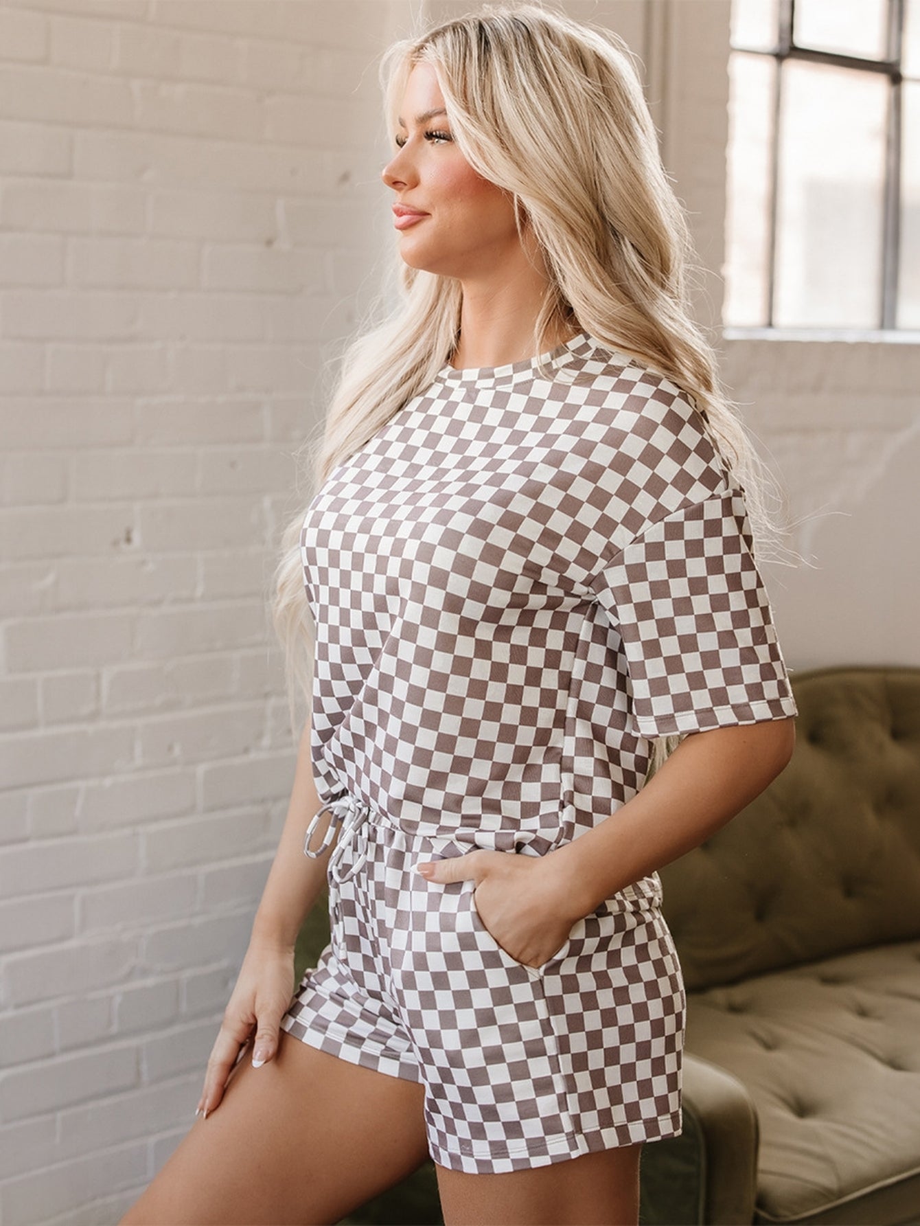 Checkered Print Tie Front Shorts Set