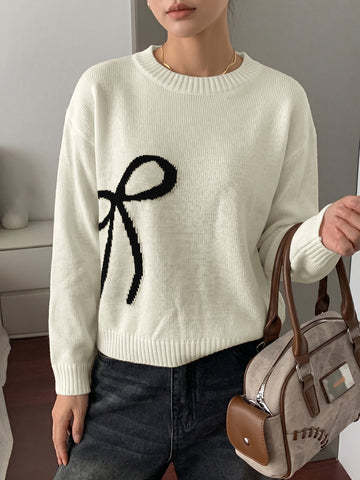 Cozy Bow Graphic Knit Pullover Sweater
