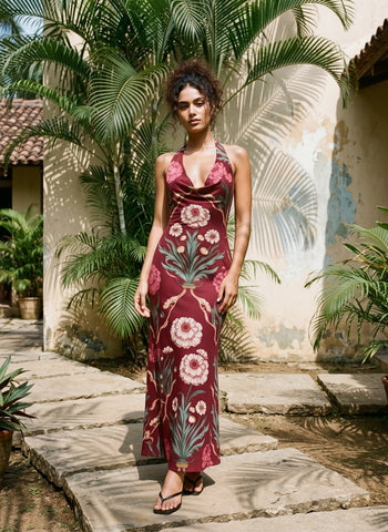 LILA Floral Print Cowl Neck Bodycon Midi Dress
