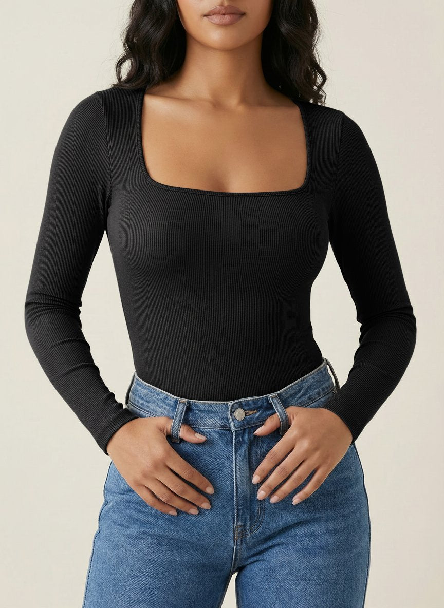 Square-Neck Long Sleeves Fitted Sexy Romper