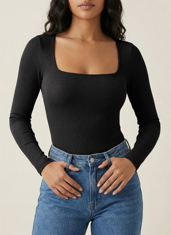 Square-Neck Long Sleeves Fitted Sexy Romper