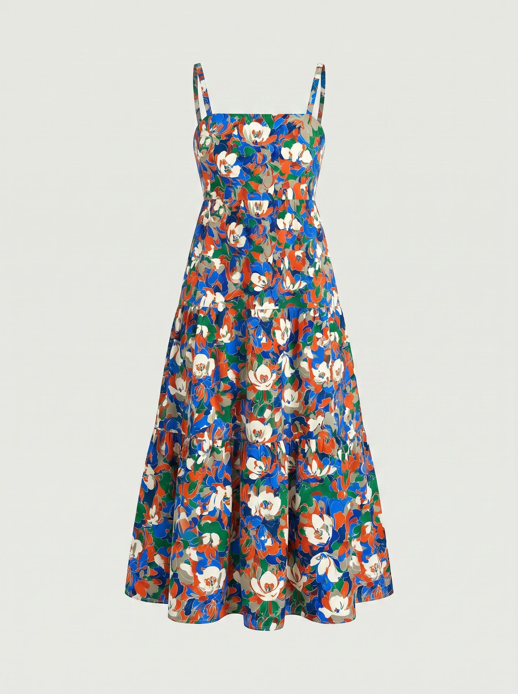 FLORA Floral Print Tiered Strap Midi Dress