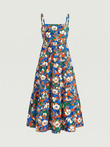 FLORA Floral Print Tiered Strap Midi Dress
