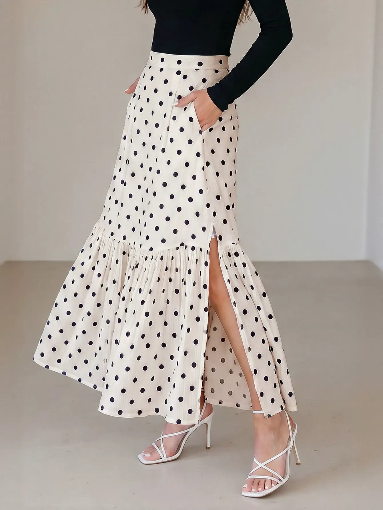 High Waisted Polka Dot Midi Skirt