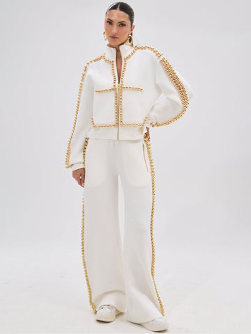 Embellished Studded Zip Up Pant Set