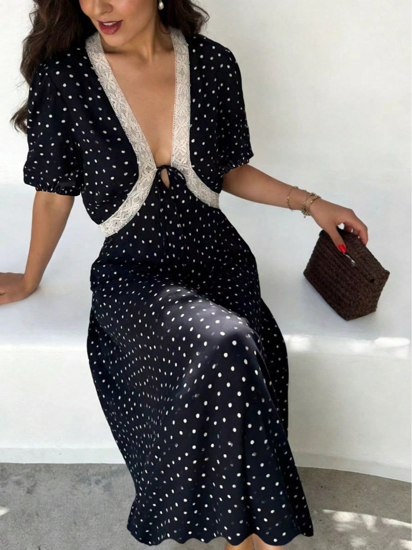 Polka Dot Lace Trim Midi Dress