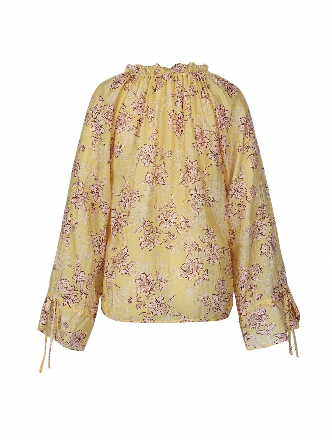 Floral Print V Neck Drawstrin Detail Bohemian Blouse-Yellow