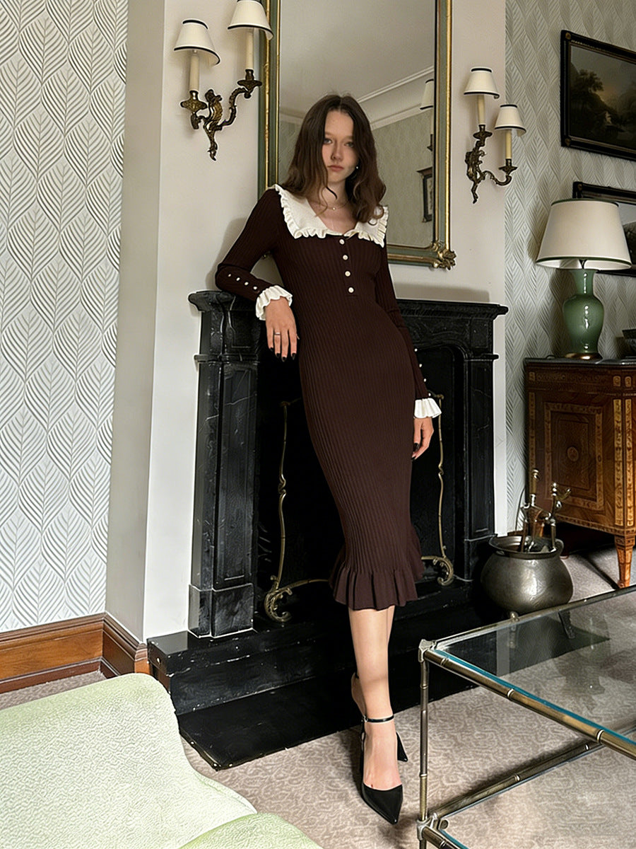 Vintage Collared Ruffle Knit Dress