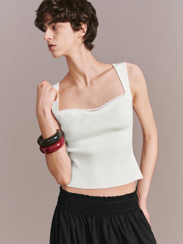 Square Neck Lace Trim Sleeveless Skinny-Fit Knitted T-Shirts