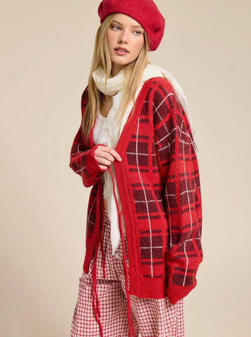 Cozy Plaid Knit Tie Cardigan