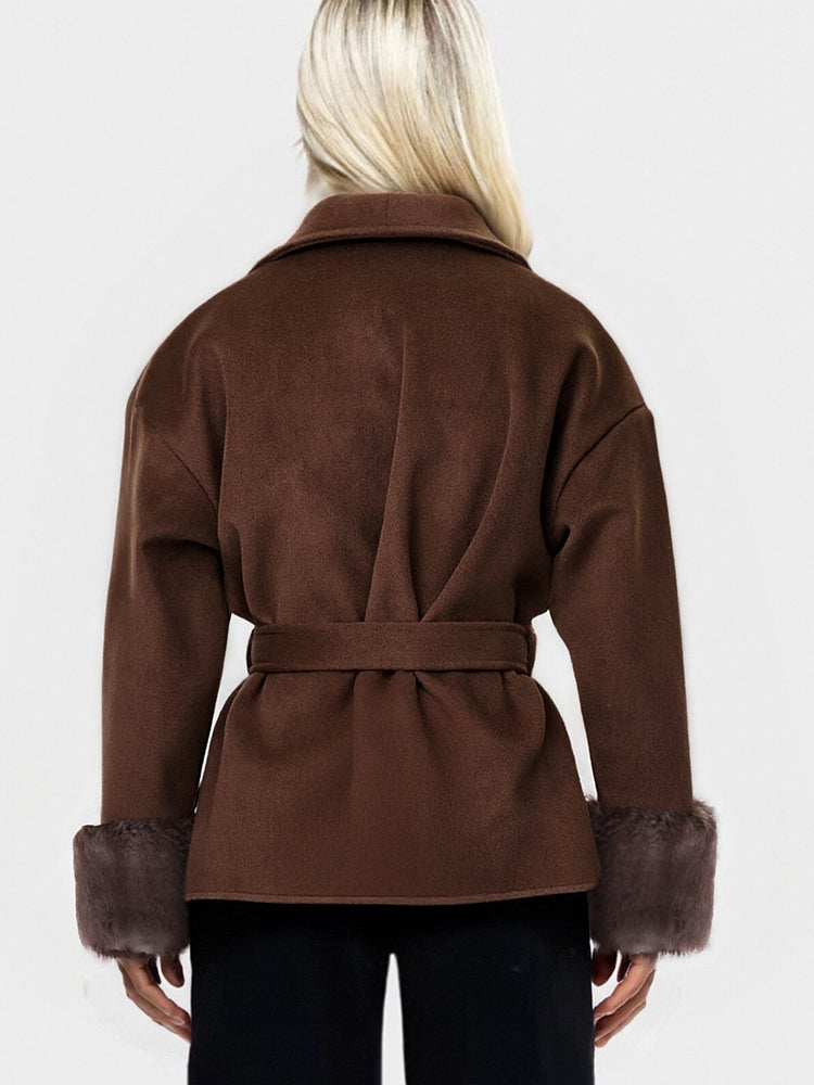 Faux Fur Trim Belted Coat
